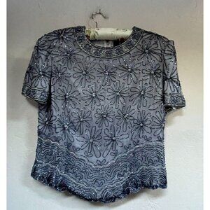 Vintage Cote d Azur Evening Formal Silk Beaded Short Sleeve Top Black Large